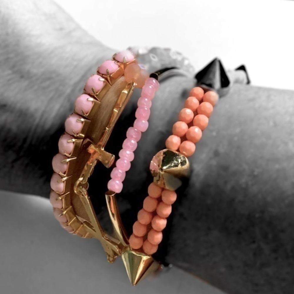 Pink peach gold stretchy bracelet stack rocker set‎ (4)